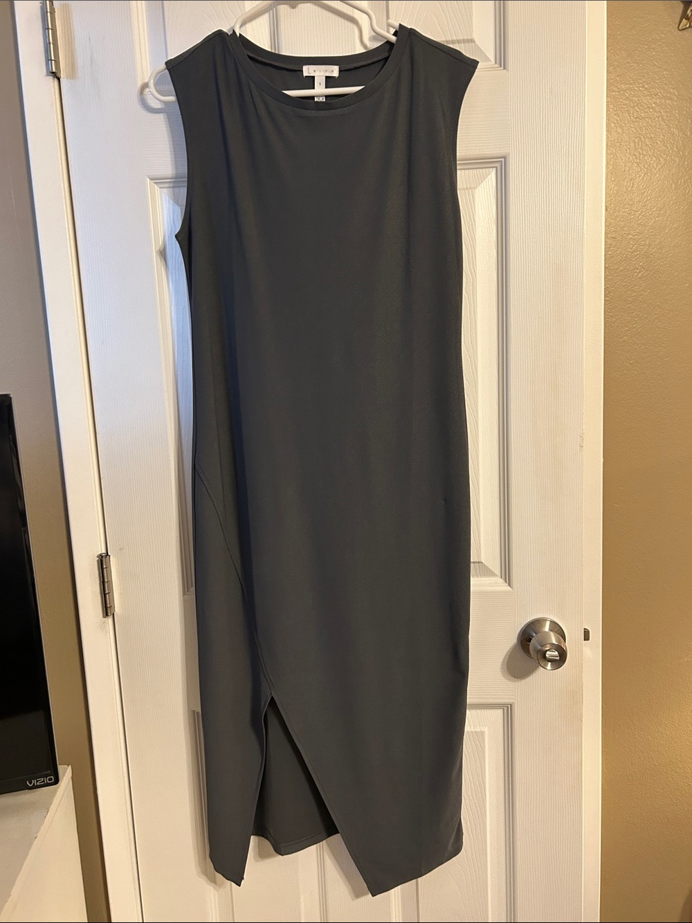 Lush Sleeveless Slate Gray Midi Dress with Asymmetrical Skirt